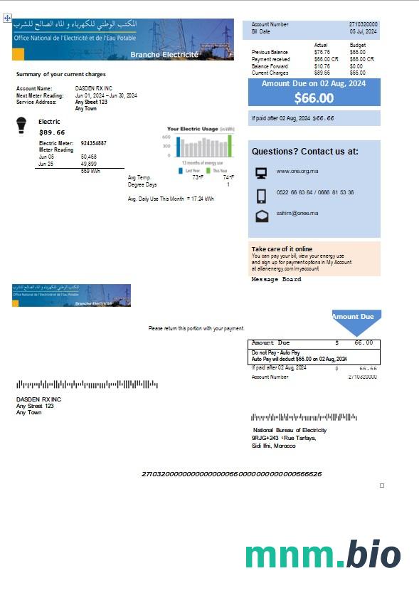Maroko National Bureau of Electricity rachunek za usługi komunalne Word and PDF template